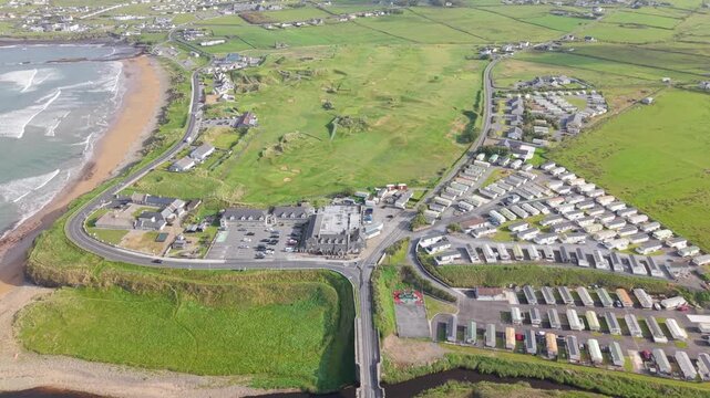Coastal Accommodations At Cunninghams Holiday Park In Spanish Point, County Clare, Ireland. Aerial Pullback Shot
