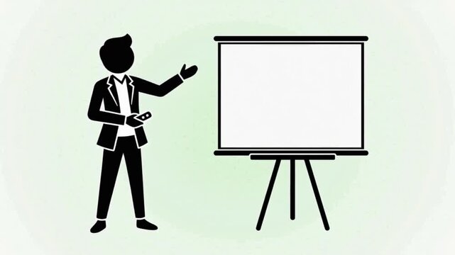 Professional businessman character presenting on a whiteboard with a remote control animation