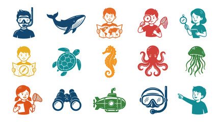 Fototapeta premium Ocean Exploration and Marine Life Textured Glyph Icons for Kids Adventure and Education