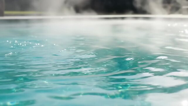 A close up view of steaming turquoise thermal water in a heated outdoor pool
