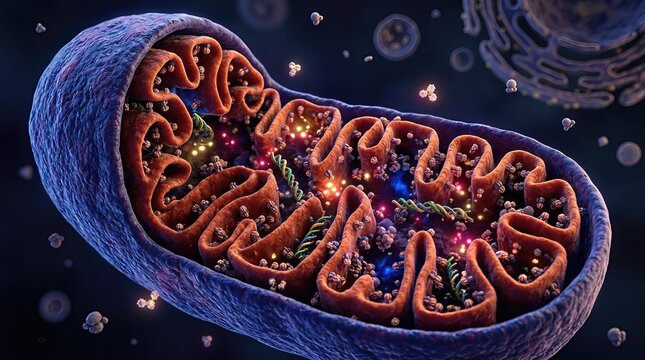 Mitochondrion, intricate cell organelle, generates metabolic energy, illustrating essential internal membrane folding, featuring active biochemical synthesis, crucial cellular respiration.