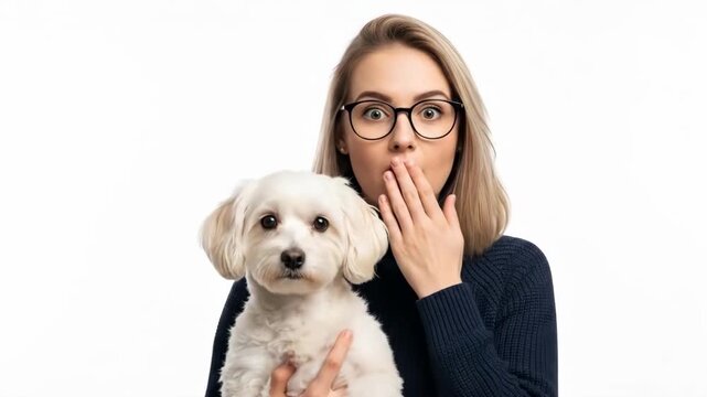 Surprised young woman holding her cute white maltese dog in studio portrait