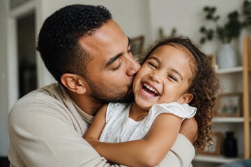 Obraz premium Dad kisses daughter's cheek with love. Child laughs joyfully, arms around dad. Soft light fills cozy, homey room. Warm moment captures deep affection. Perfect for family, parenting