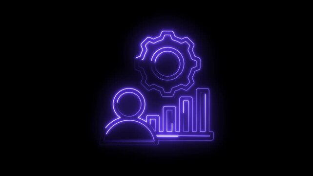 Neon outline icon representing business analytics and operational efficiency with a person