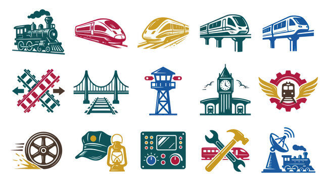 Railway and Train Transportation Flat Vector Icons Set with Locomotives, Tracks, Stations, and Infrastructure