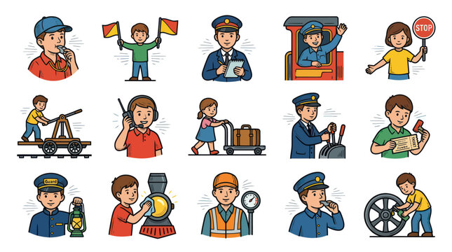 Colorful Hand-drawn Flat Cartoon Illustrations of Railway and Train Professions