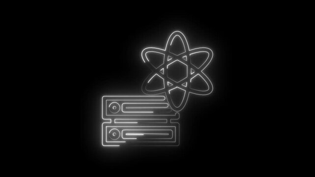 Glowing neon atom symbol hovering above stacked servers representing scientific data storage... icon