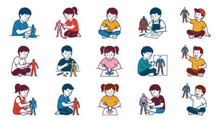 Fototapeta premium Kids' Creative Arts Crafts: Boys Girls Sculpting, Drawing, and Playing with Superhero Action Figures - Flat Vector Illustration
