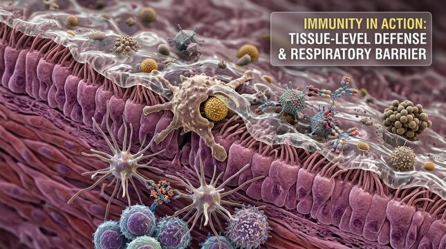Microscopic immunity defense mechanism, visualizing crucial cellular response, protection against pathogen, resilience, strength within biological tissue barrier system.