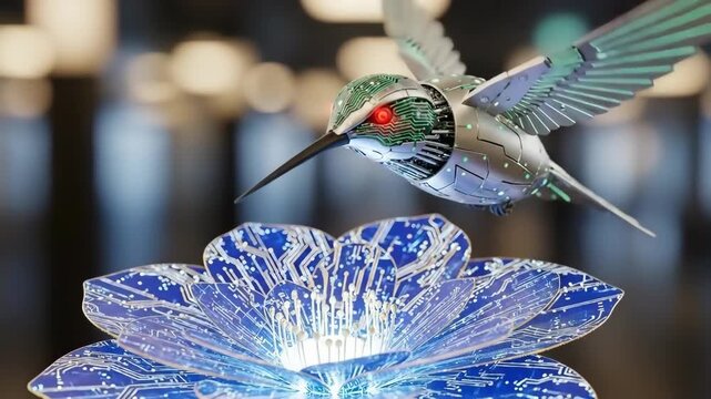 A metallic hummingbird hovering over a glowing digital circuit board flower