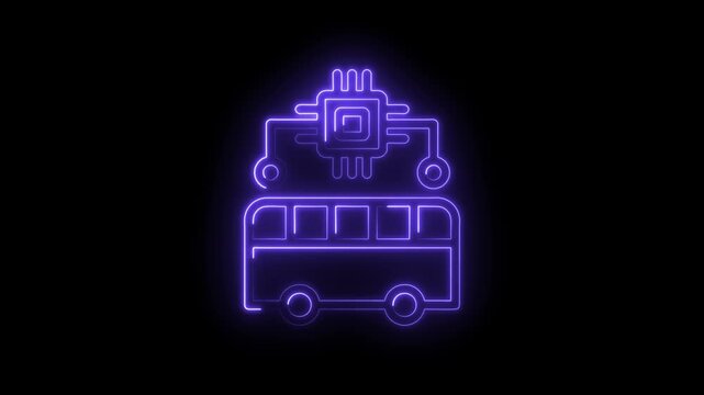 Neon purple abstract bus icon with integrated circuit chip and glowing lines on black background
