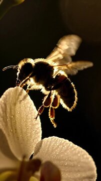 Honey bee macro cinematic hovering over white orchid with dew drops against dark background, cinematic video