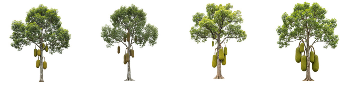 Four Jackfruit Trees with Ripe Green Fruits Isolated on Black Background
