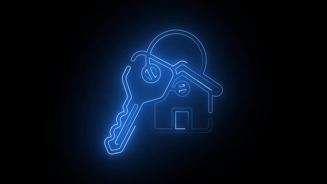 Neon house key animation: real estate and property ownership concept for digital marketing glowing