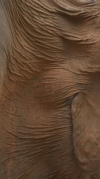 closeup of wrinkled elephant skin and ear showing natural texture and detailed pattern, macro view of mammal skin with rich wrinkles and organic textures in wildlife sanctuary, 4k vertical video