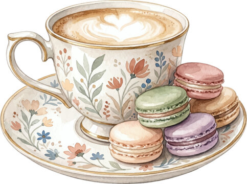 Floral porcelain coffee cup with sweet macarons on a saucer. Suitable for food blogs, cafes, and lifestyle publications.