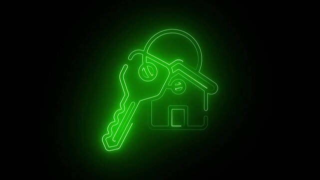 Neon green house key animation: real estate and property ownership concept glowing
