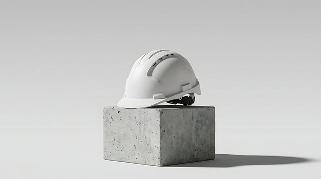 White safety helmet resting on a concrete block against a plain