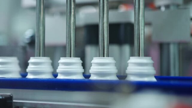 Filling nozzles lower over a row of white plastic medicine bottles moving along a blue conveyor in a sterile pharma production line.