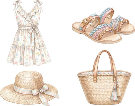 Floral summer dress with braided sandals, straw sun hat, and beach bag  perfect for summer fashion blog and social media posts.