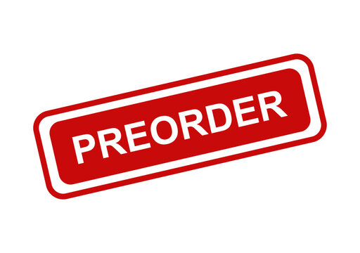 Red rectangular preorder label icon with bold white text for online shopping websites and e-commerce store sales isolated on transparent background