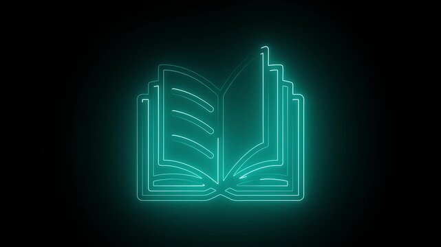 Glowing neon open book animation, digital education and knowledge concept, cyan light line on black background