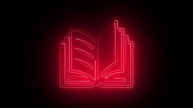 Glowing red neon open book animation, education and knowledge concept background