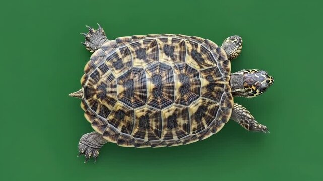 A top down view of an ornate patterned turtle isolated on a green background