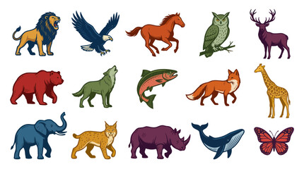Obraz premium Colorful Cartoon Animal Icons Set. Vector Wildlife Characters, Mammals, Birds, Fish, and Insect Illustrations.