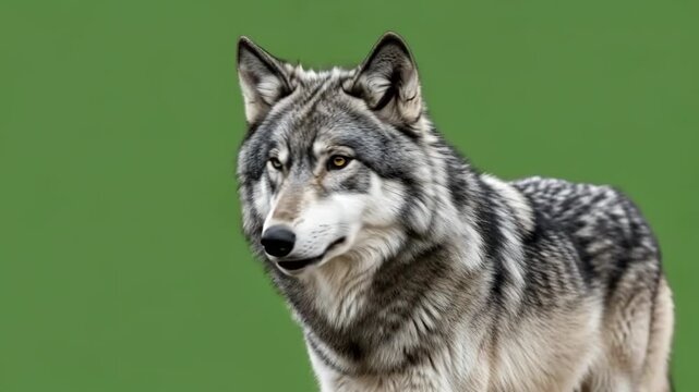A close up portrait of a majestic grey wolf against a solid green background