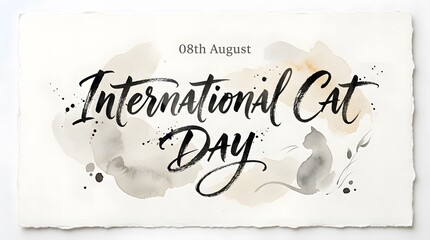 Watercolor art card for international cat day celebration on august eighth with cute feline silhouette.