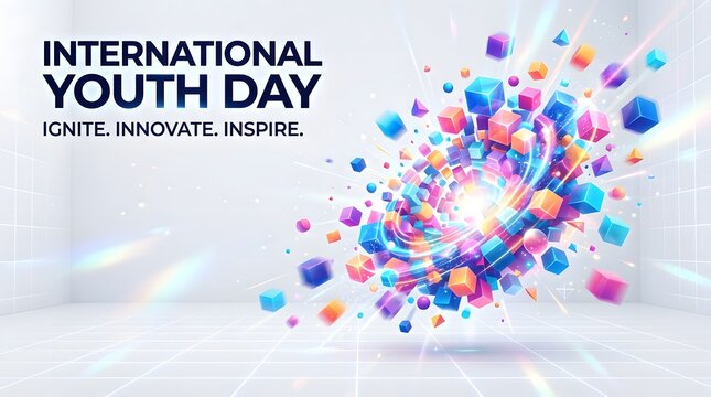 International youth day graphic with exploding multicolored squares representing energy and passion.