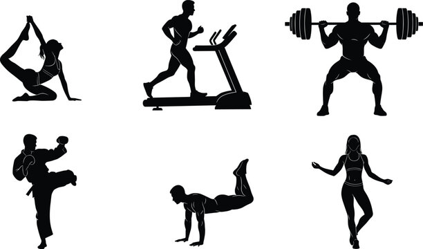 Silhouettes of athletes exercising, yoga stretching, treadmill running, weightlifting, martial arts, push ups, dance fitness vector illustration