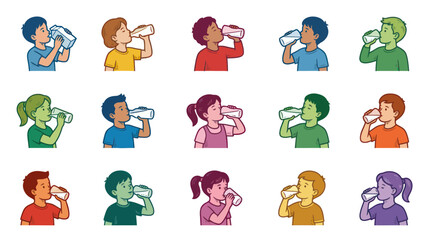 Fototapeta premium Kids Drinking Water From Bottles Boxes, Flat Vector Illustration