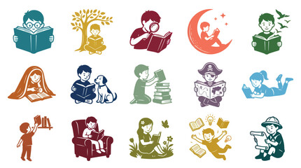 Obraz premium Kids Reading Books Glyph Vector Illustrations Set - Childhood Education and Literacy Concepts