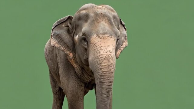 A close up portrait of an asian elephant isolated on a solid green background