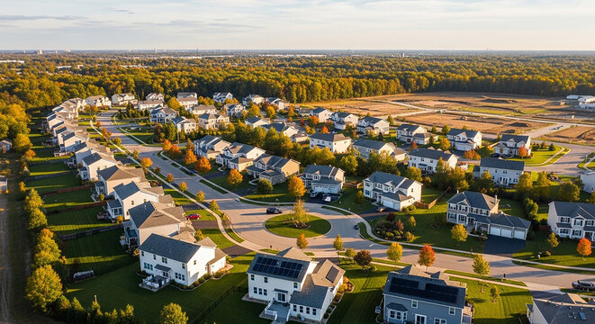 Aerial view of modern residential cul de sac in quiet suburban community