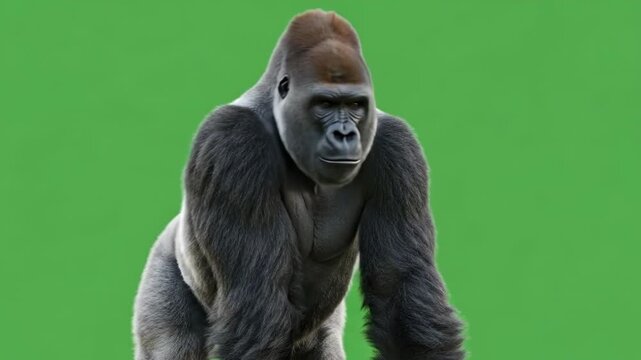 A powerful silverback gorilla captured against a vibrant solid green background
