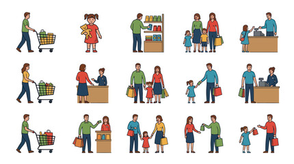 Fototapeta premium Flat Illustration of People Shopping with Carts and Bags in a Store