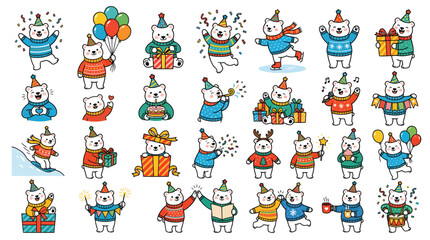 Obraz premium Set of cute polar bear characters celebrating holidays with gifts balloons and festive winter sweaters vector illustration