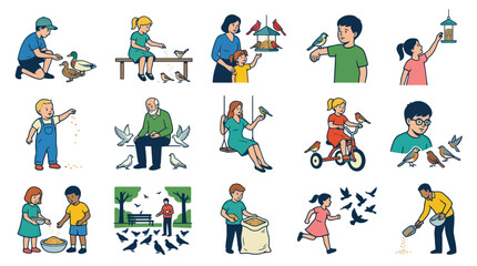 Fototapeta premium Nature Lifestyle Flat Vector Illustrations: People of All Ages Feeding Birds Ducks, Park Hobbies Collection.