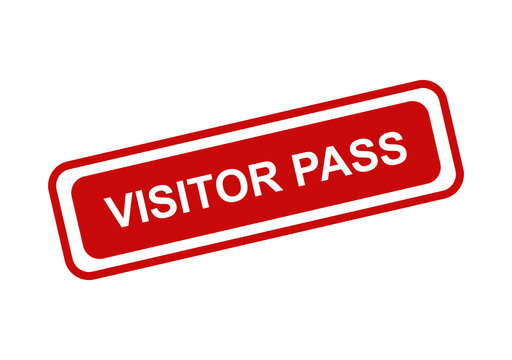 Red visitor pass rubber stamp style badge with bold white text for office security identification and event access control isolated on transparent background