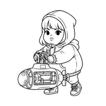 Child holding futuristic weapon in hooded outfit.