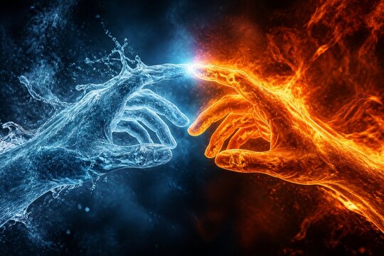 Cold water hand meets fiery hand in cosmic spark. Elements clash yet connect with brilliant light. Tension and harmony dance in this surreal encounter. Ideal for themes of duality, balance