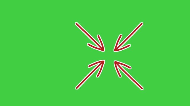 Animated inward red arrows on green screen chroma key background. Ideal for video editing, focus effects, transitions, motion graphics, and overlay projects.