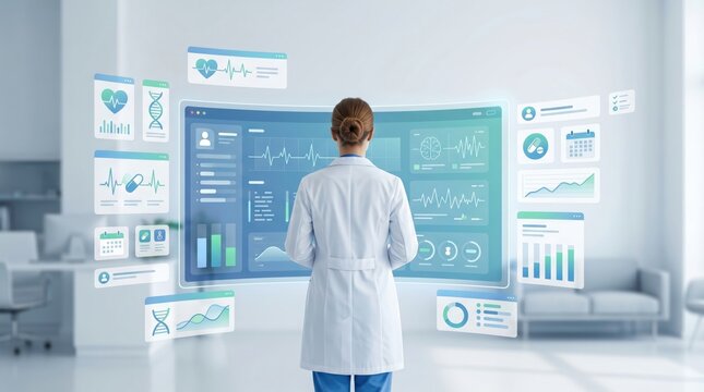 Female doctor analyzing comprehensive patient health data on large interactive dashboard display in modern medical office for telemedicine and diagnostics.