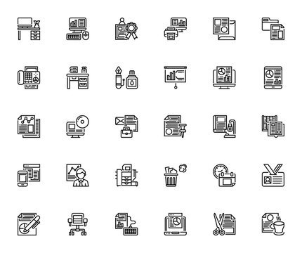 Office Elements icon set. Minimal vector icons pack. Includes desk, analytics, diploma, newsletter, file, telephone, glue, presentation, monitor, studying, open book, smartphone, copy machine, trash, 