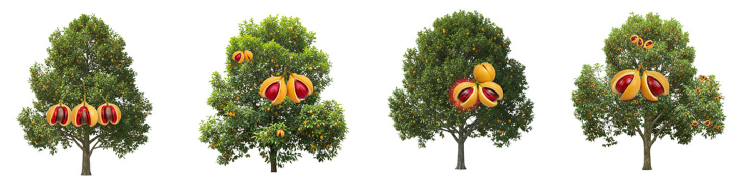 Four nutmeg trees with ripe fruit and open husks isolated on black