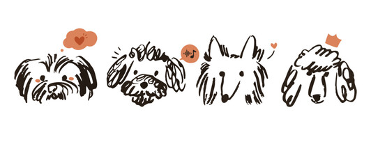 Obraz premium Chalk or charcoal style dog drawings. Hand drawn puppy sketch scrapbook art. Wax crayon grunge funny whimsical cute fluffy illustrations for tshirt print, placard, poster or isolated doodle stickers