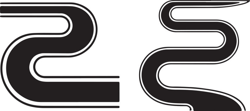 Curved black racing stripe decals and winding road path elements for automotive vinyl wraps and line, track, and decal and vehicle